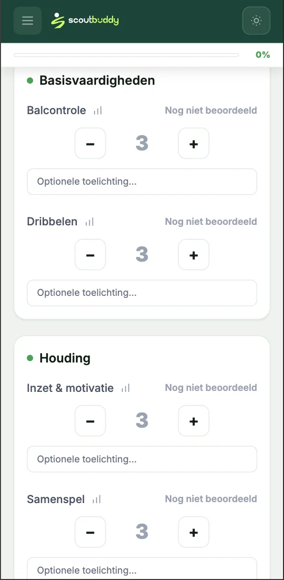 Evaluatie invullen op mobiel: Balcontrole, Dribbelen, Inzet & motivatie